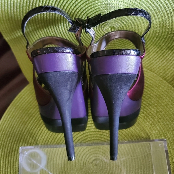 bebe Black Snakeskin, Raspberry Satin, Plum Purple Leather Peep-Toe Platforms - Picture 8 of 11